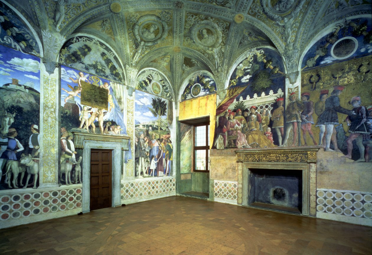 La Camera degli Sposi ou Camera Picta avec des scènes de la cour de Mantoue, montrant le marquis Ludovico Gonzaga III et sa femme Barbara de Brandebourg, leurs enfants, courtisans et animaux, 1465- - Andrea Mantegna
