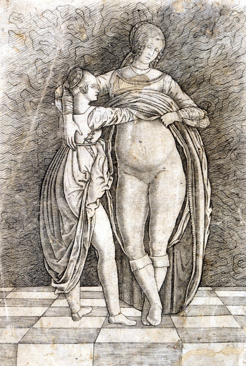Une jeune fille déshabille une femme. Gravure d