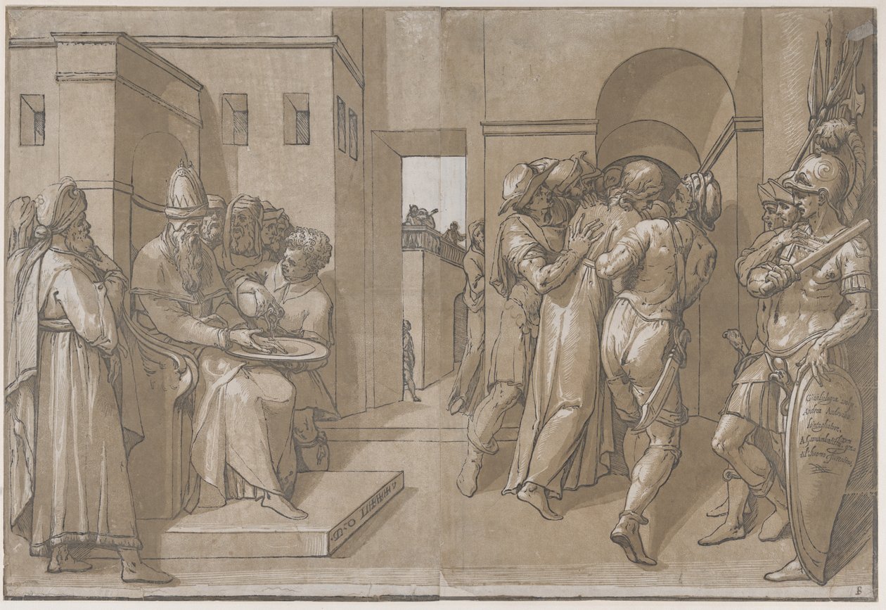 Le Christ est emmené, des soldats se tiennent à droite de la feuille, 1585 - Andrea Andreani