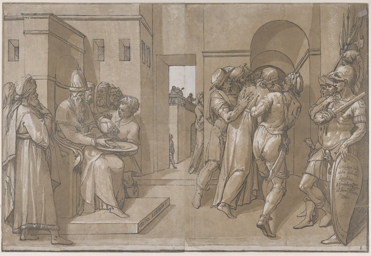 Pilate à gauche se lavant les mains côté gauche de la feuille, 1585 - Andrea Andreani