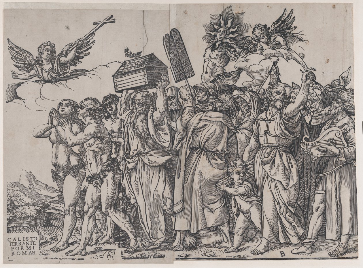 Section A : un ange tenant une croix en haut à gauche, Adam et Ève en bas, du Triomphe de..., 1836 - Andrea Andreani