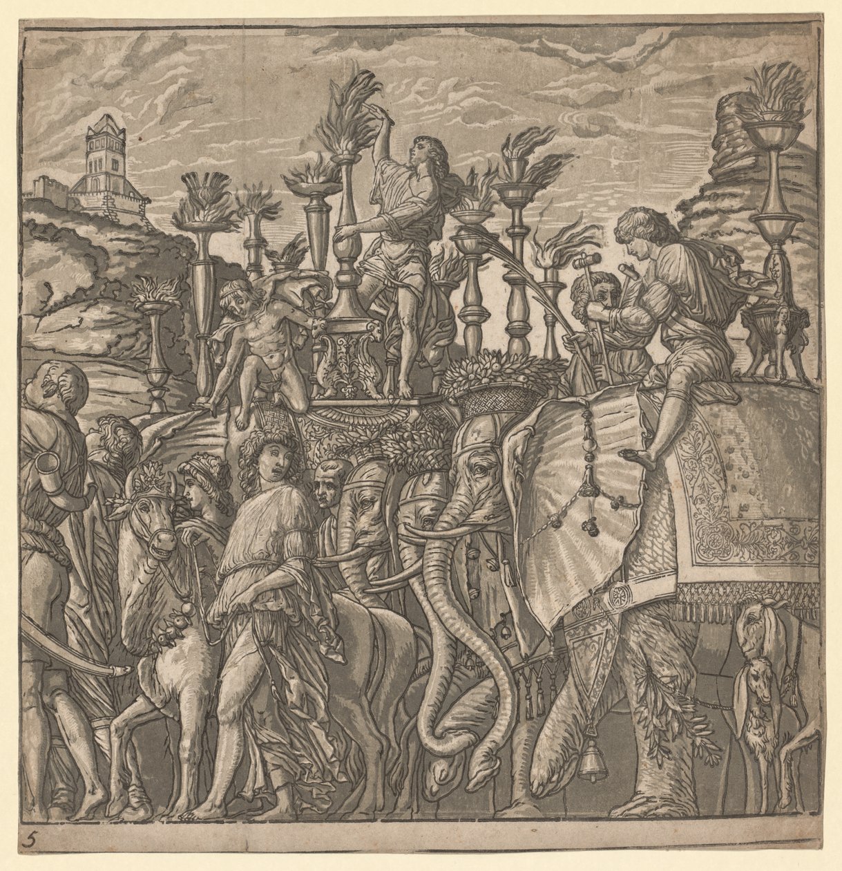 Le triomphe de Jules César : Éléphants portant des torches - Andrea Andreani