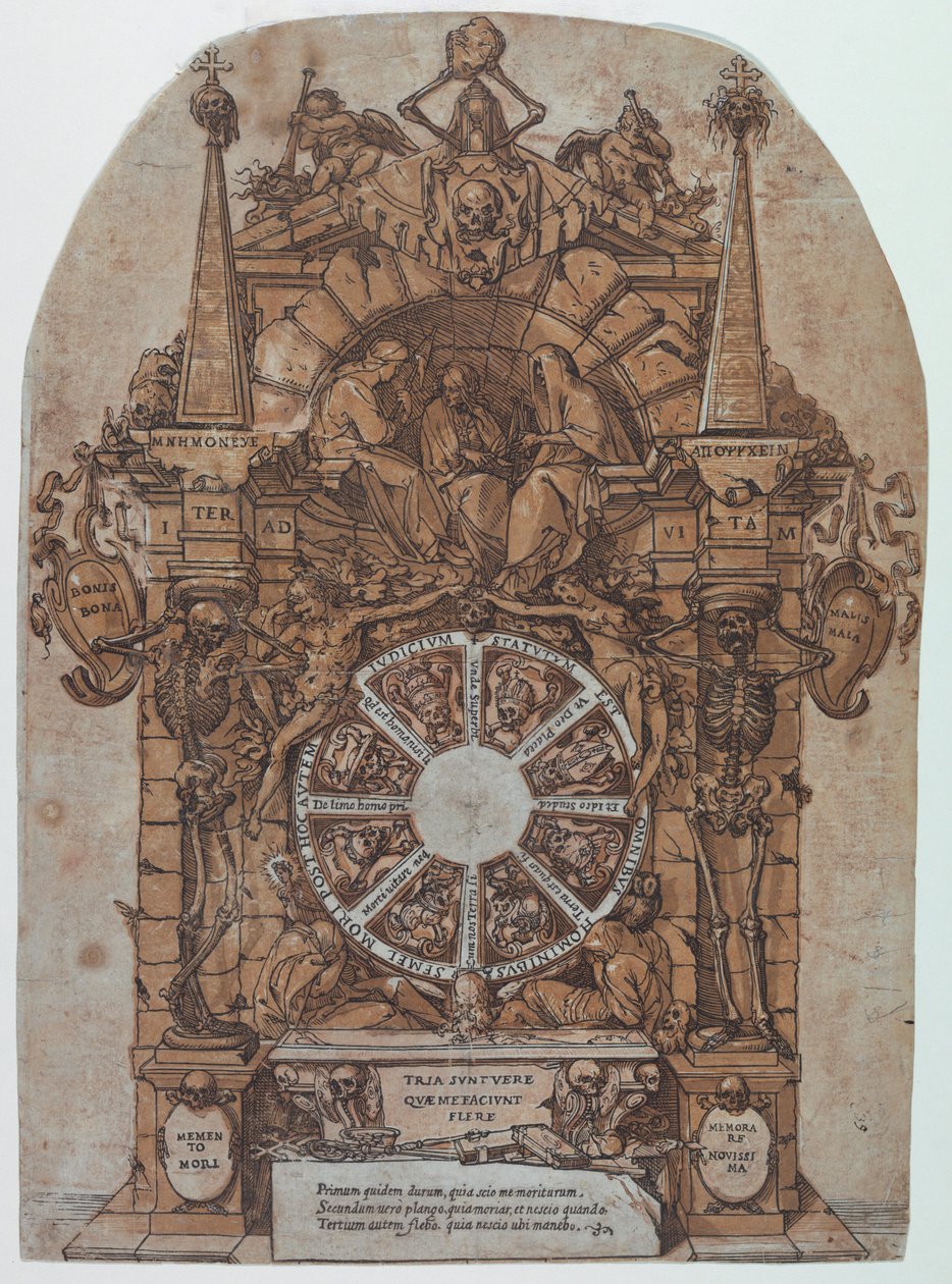 Triomphe de la mort avec trois Parques dans un cadre architectural au-dessus d