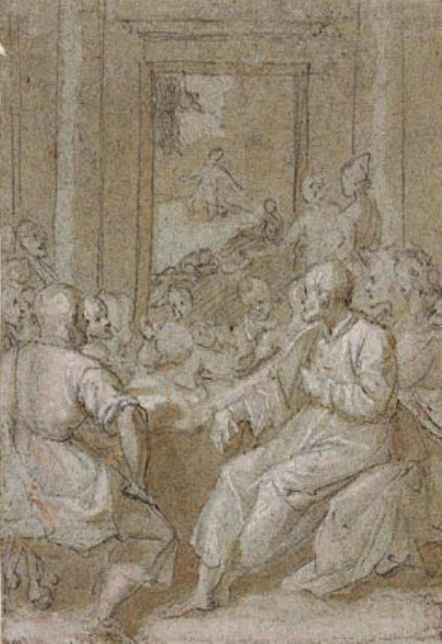 La Cène, avec une vue du Christ dans le jardin des Oliviers à travers la porte à l