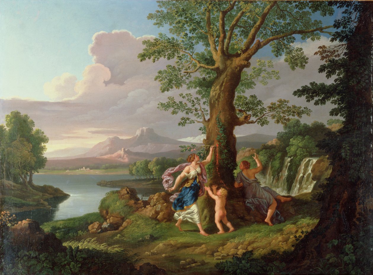 Paysage fluvial avec une nymphe cueillant une branche d