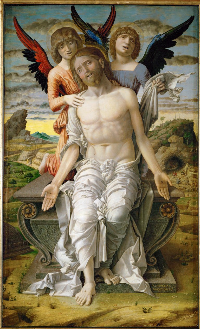 Le Christ, rédempteur souffrant, assis sur un sarcophage, soutenu par deux anges (peinture sur toile) - Andrea Mantegna