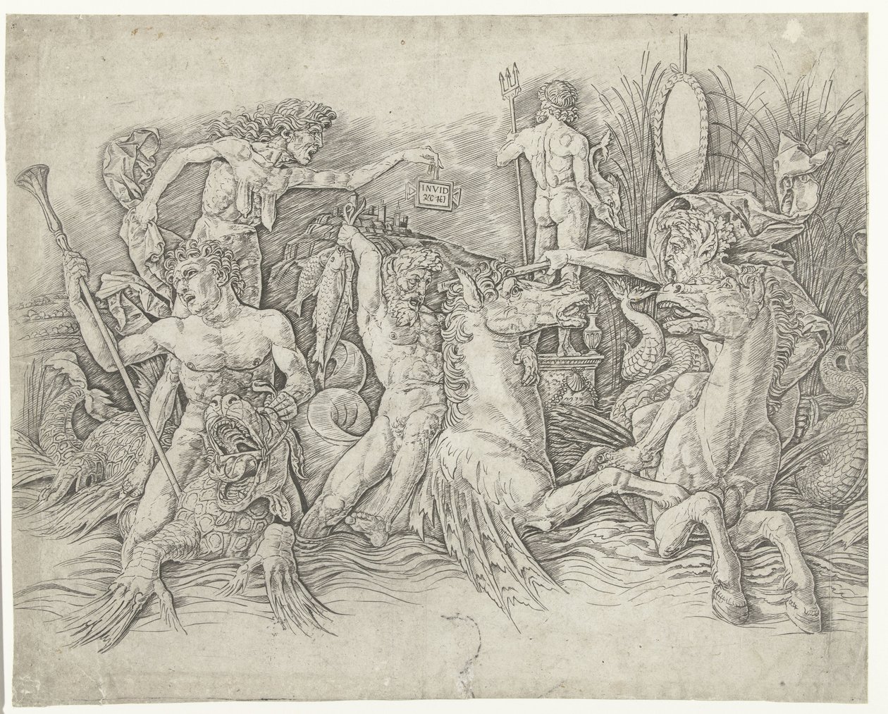 Combat entre satyres chevauchant des hippocampes et vieille femme personnifiant l
