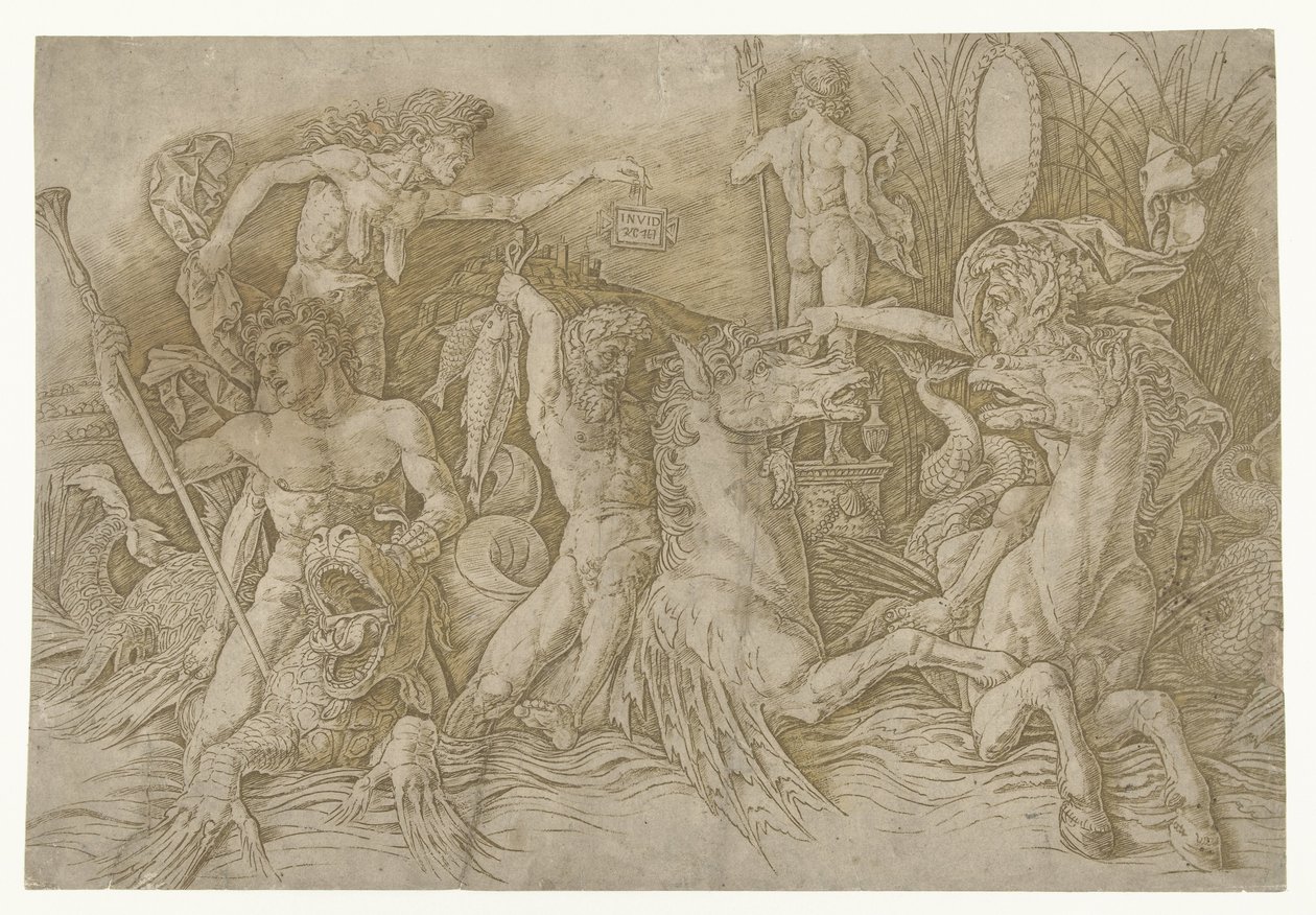 Combat entre satyres chevauchant des hippocampes et vieille femme personnifiant l