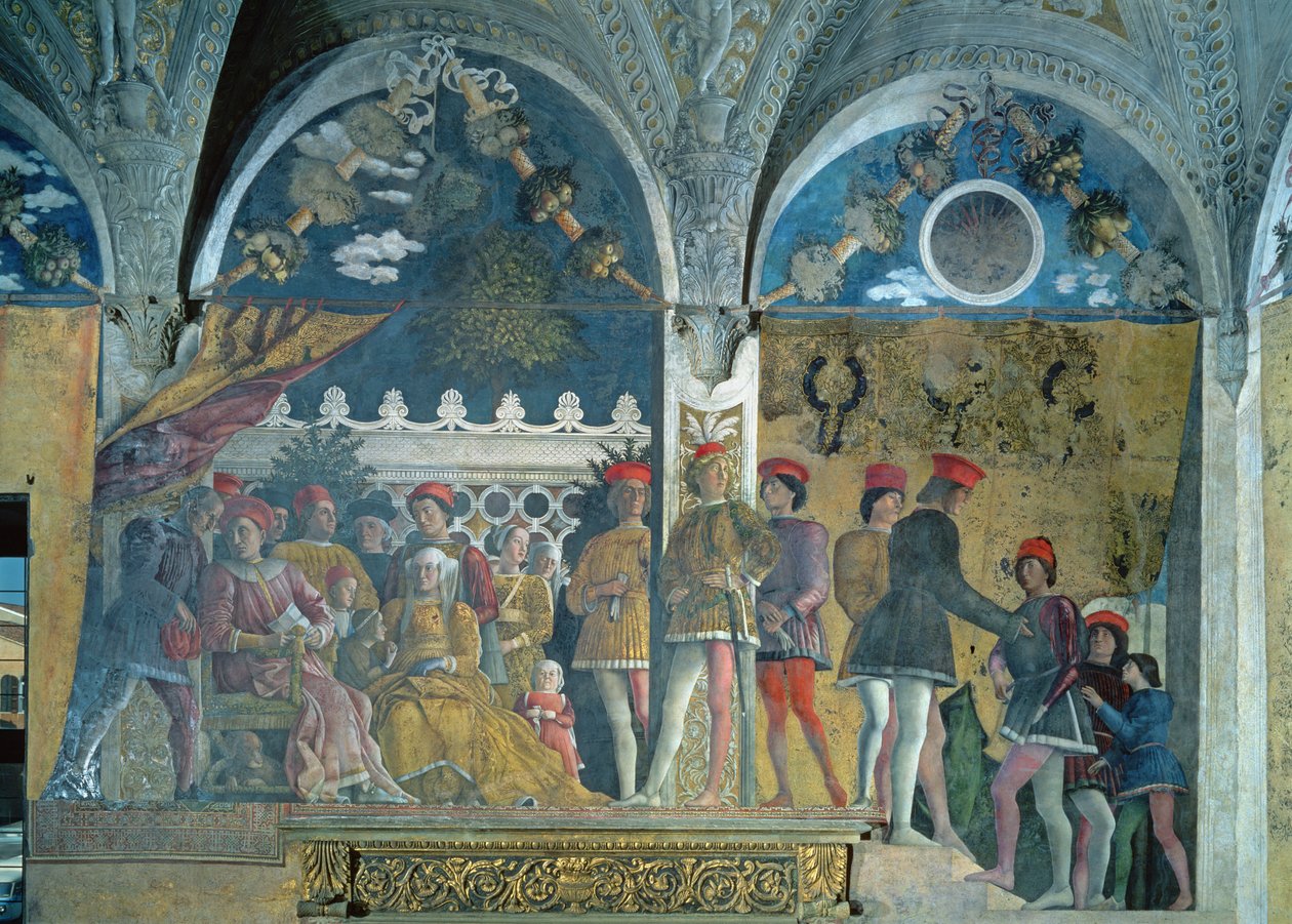 Marquis Ludovico Gonzaga III, sa femme Barbara de Brandebourg, leurs enfants, courtisans et leur chien Rubino, de la Camera degli Sposi ou Camera Picta, 1465-74 - Andrea Mantegna