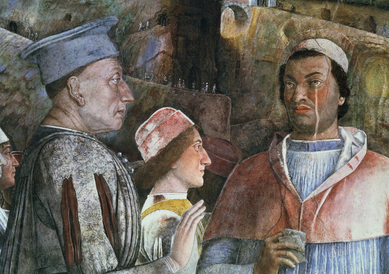 Marchese Ludovico Gonzaga III de Mantoue (règne 1444-78) accueillant son fils le Cardinal Francesco Gonzaga, de la Camera degli Sposi ou Camera Picta, 1465-74 (détail) - Andrea Mantegna