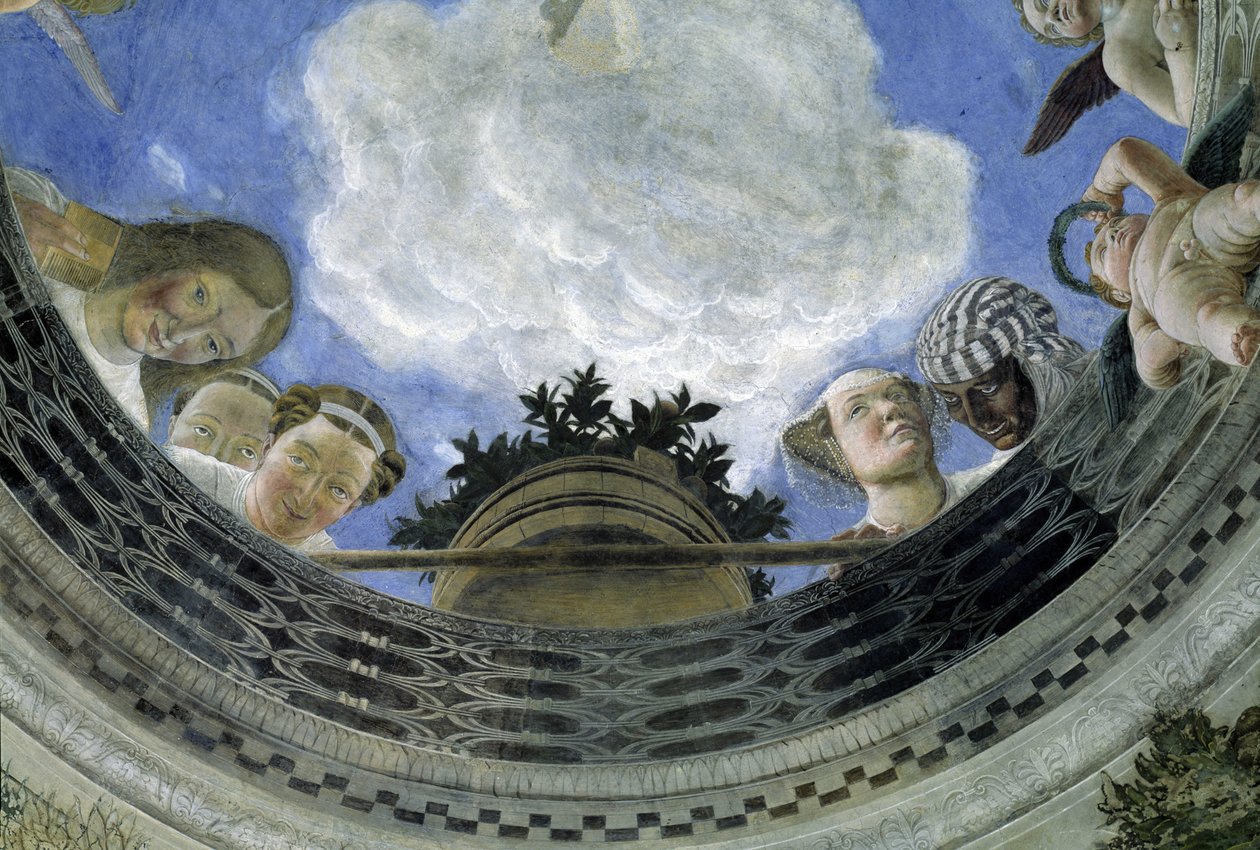Oculus du plafond de la Maison des Époux, Palais Ducal de Mantoue, Italie (Camera degli Sposi, Palazzo Ducale, Mantova) : détail de figures allégoriques et putti. Fresque par Andrea Mantegna (1431-1506) - Andrea Mantegna