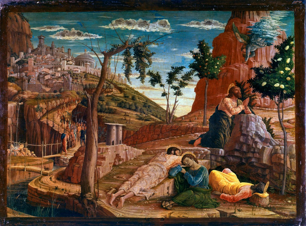 Prière au Jardin des Oliviers. Après la dernière cène, le Christ se rend sur la colline de Gethsémani, qui domine Jérusalem avec les apôtres. Les soldats romains s