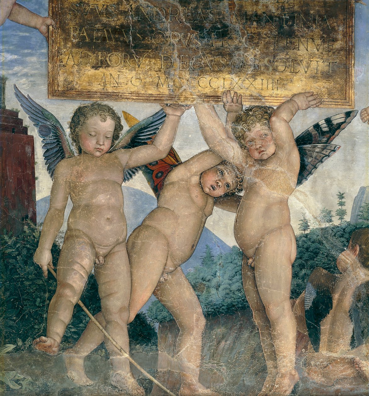 Chérubins ailés tenant la plaque dédicatoire (détail) - Andrea Mantegna