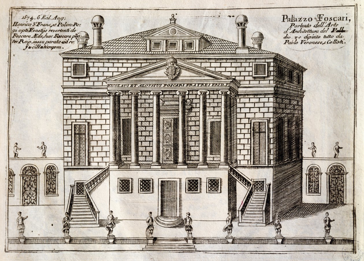Façade principale de la Villa Foscari connue sous le nom de La Malcontenta, Mira, conçue par Andrea Palladio, gravure de Along Brenta Canal, presque faubourg de la ville de Venise, par Vincenzo Coronelli, Venise - Andrea Palladio