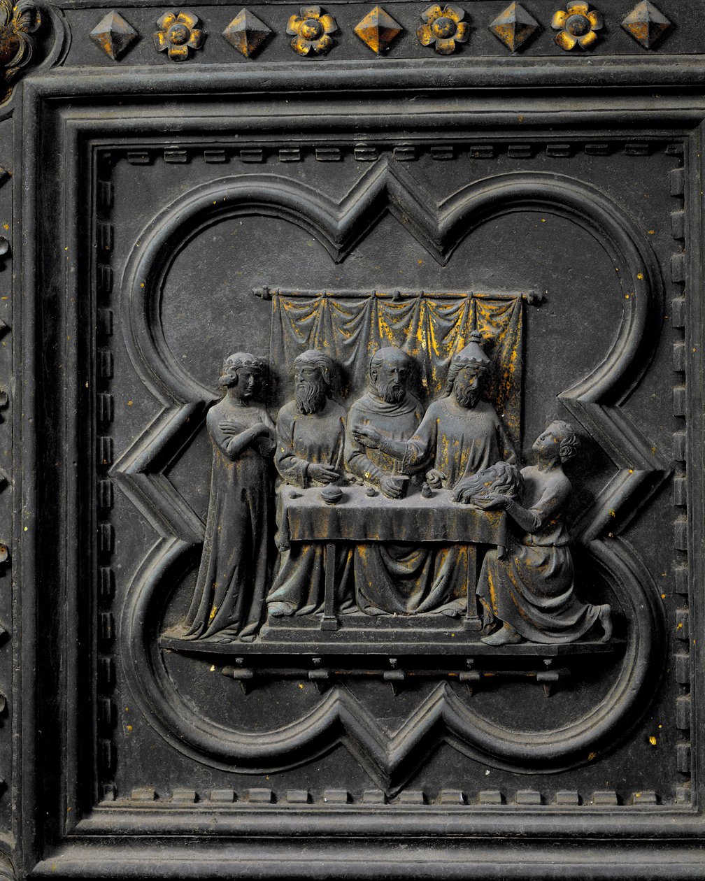 La Présentation de la tête de Saint Jean-Baptiste au roi Hérode, dix-septième panneau des Portes Sud du Baptistère de San Giovanni, 1336 - Andrea Pisano