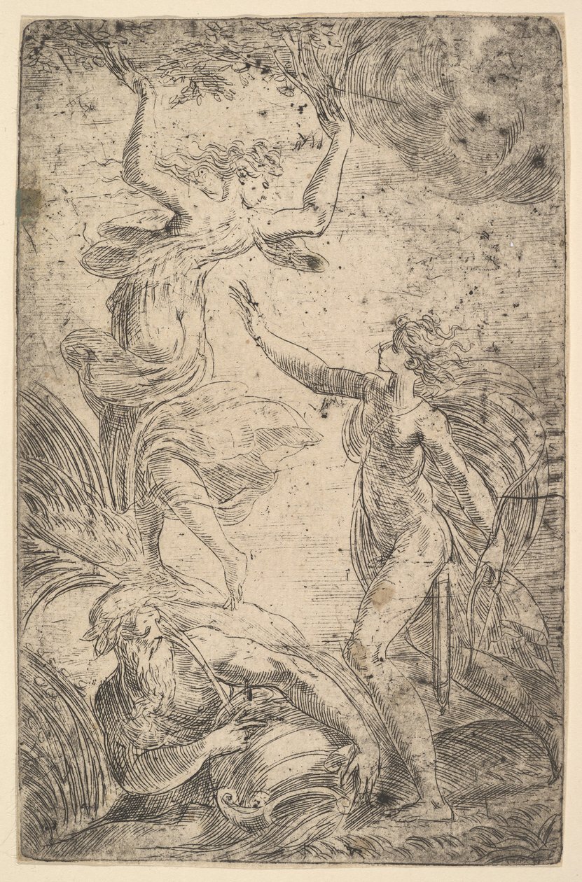 Apollon à droite tenant un arc poursuivant Daphné à gauche - Andrea Schiavone