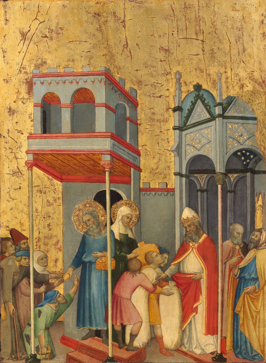 Joachim et Anne donnant de la nourriture aux pauvres et des offrandes au Temple, vers 1400-1405 - Andrea di Bartolo