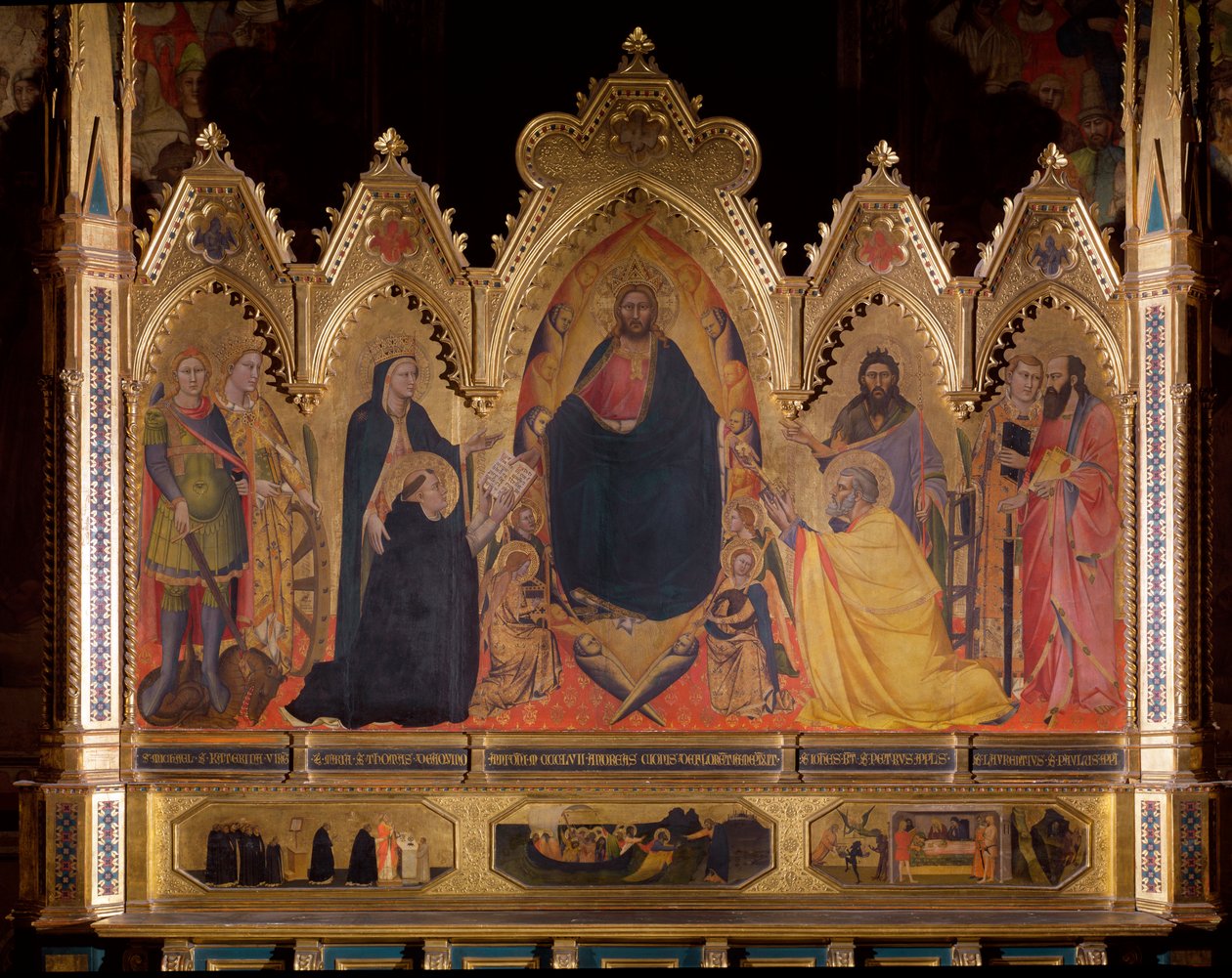 Maesta représentant Jésus sur le trône avec saint Michel, Marie et saint Thomas d