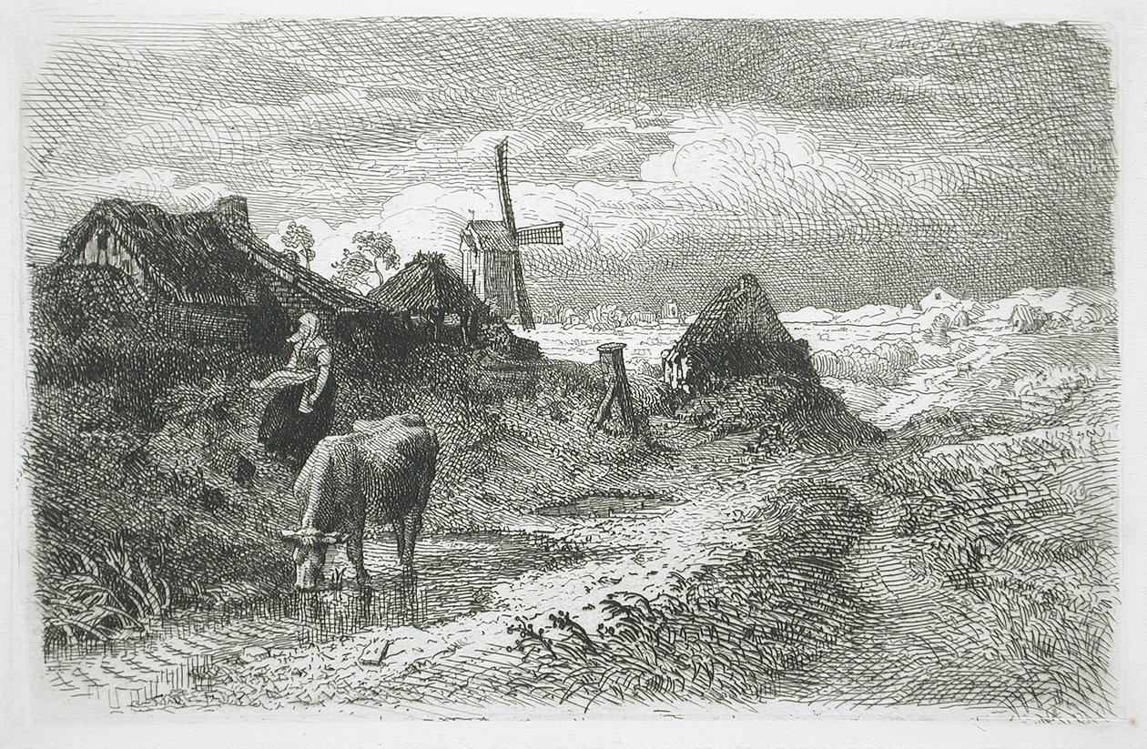 Paysage avec des chaumières et un moulin à vent - Andreas Achenbach