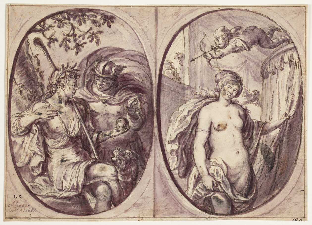 Deux compositions ovales sur une feuille. À gauche, une bergère (Diane ?) assise avec un bâton et un chien à ses côtés. Elle tient une pomme que Mercure en cape semble lui avoir apportée; sur celle-ci est écrit : "Det: pulcherrima". Dans l