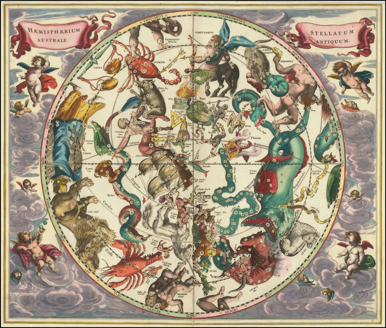 Carte céleste du ciel austral de 1661 par Andreas Cellarius - Andreas Cellarius