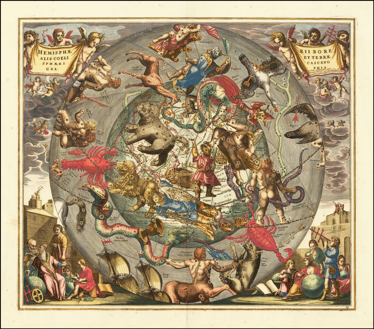 Carte céleste de 1708 - Haemisphaerii Borealis Coeli et Terrae Sphaeri Cascenographia - Andreas Cellarius