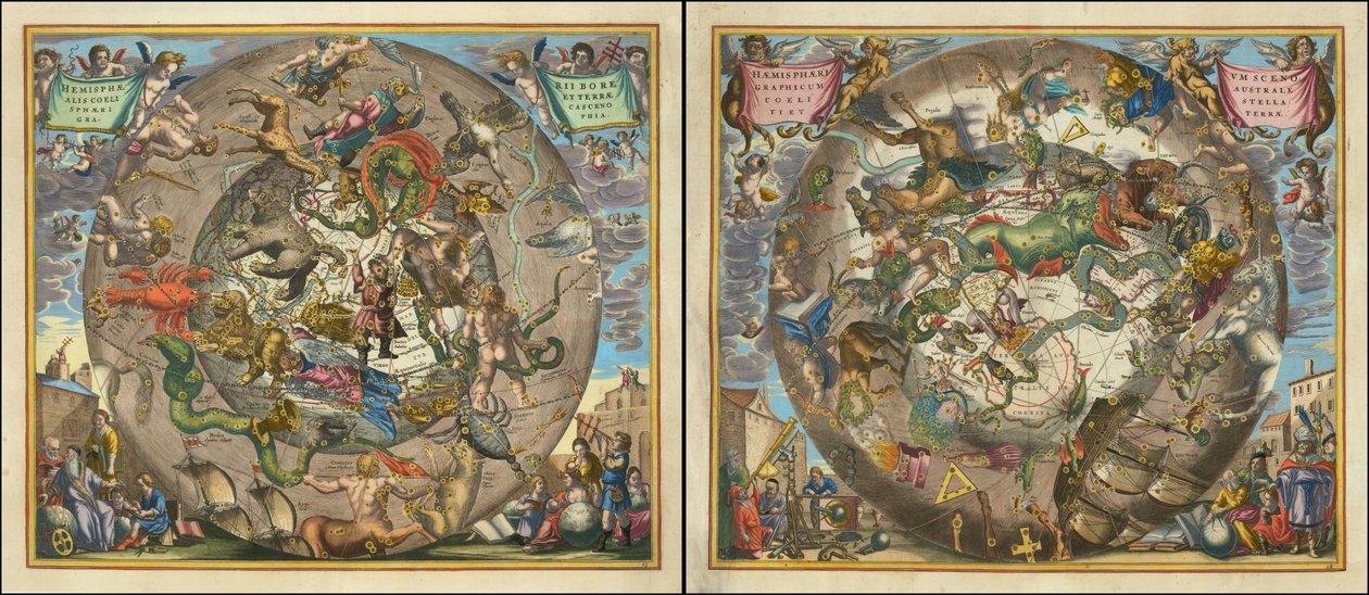 Hemisphaerii Borealis Coeli et Terrae Sphaerica Scenographia - Haemisphaerium Scenographicum Australe Coeli Stellati et Terrae - Andreas Cellarius