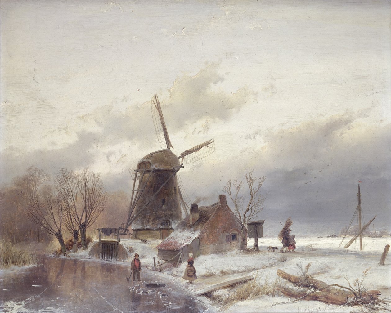 Paysage de rivière gelée avec un moulin à vent - Andreas Schelfhout