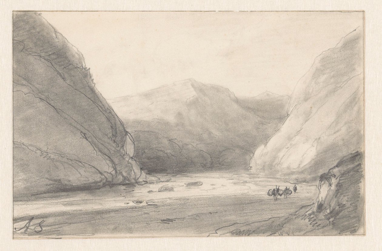 Paysage montagneux avec rivière et personnage accompagné de deux ânes chargés - Andreas Schelfhout