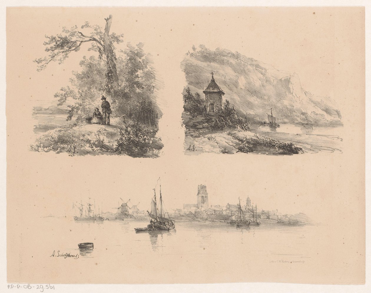 Figures dans une forêt, une rivière le long d