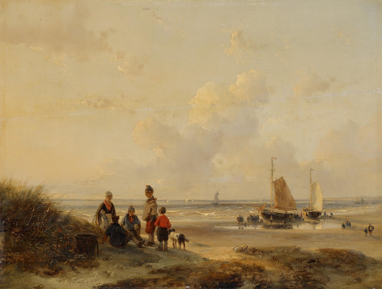 Pêcheurs au repos sur une plage par temps clair - Andreas Schelfhout