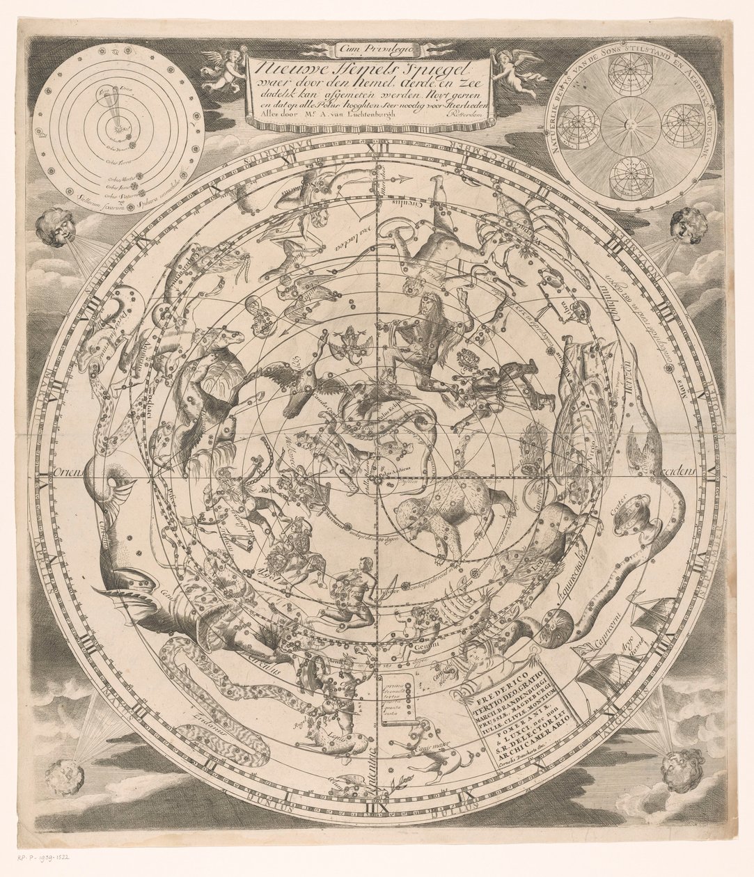 Carte du ciel avec les constellations nordiques (Nieuwe hemels spiegel: waer door den hemel, aerde, en zee dadelik) - Andreas van Luchtenburg (possibly)