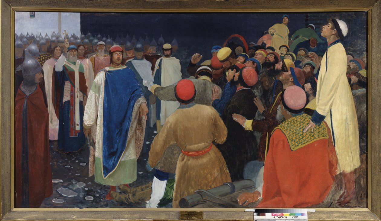 Le prince Gleb Sviatoslavitch tuant un volkhve à un veche à Novgorod - Andrei Petrovich Ryabushkin