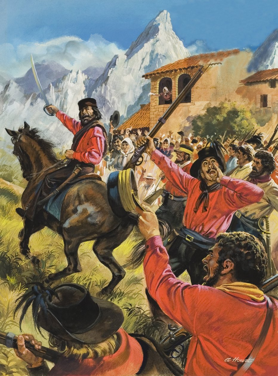 Guiseppe Garibaldi (1807-82) et son armée lors de la bataille contre les troupes royales néopolitaines (gouache sur papier) - Andrew Howat