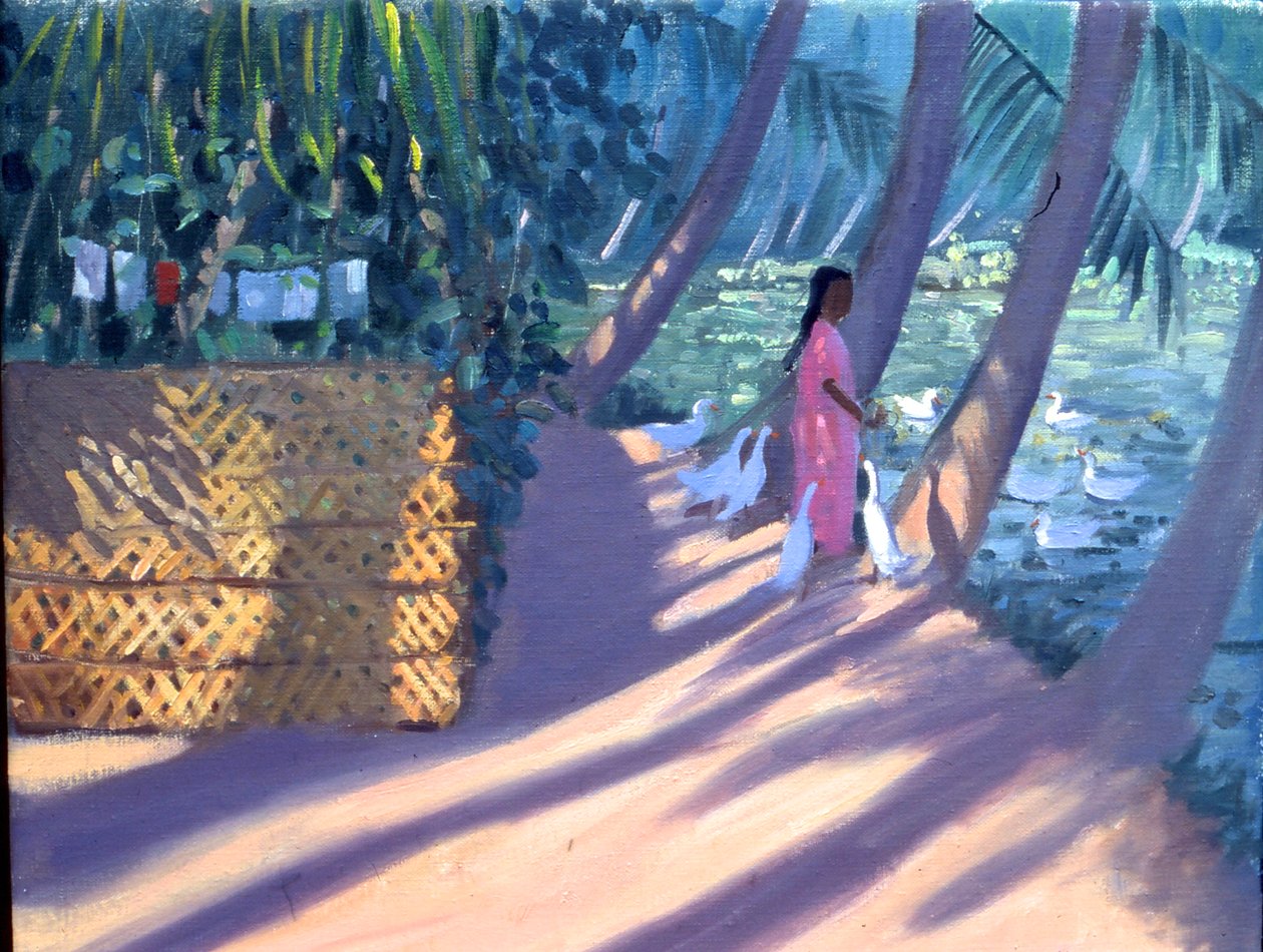 Nourrir les canards, Kerala, Inde (huile sur toile) - Andrew Macara