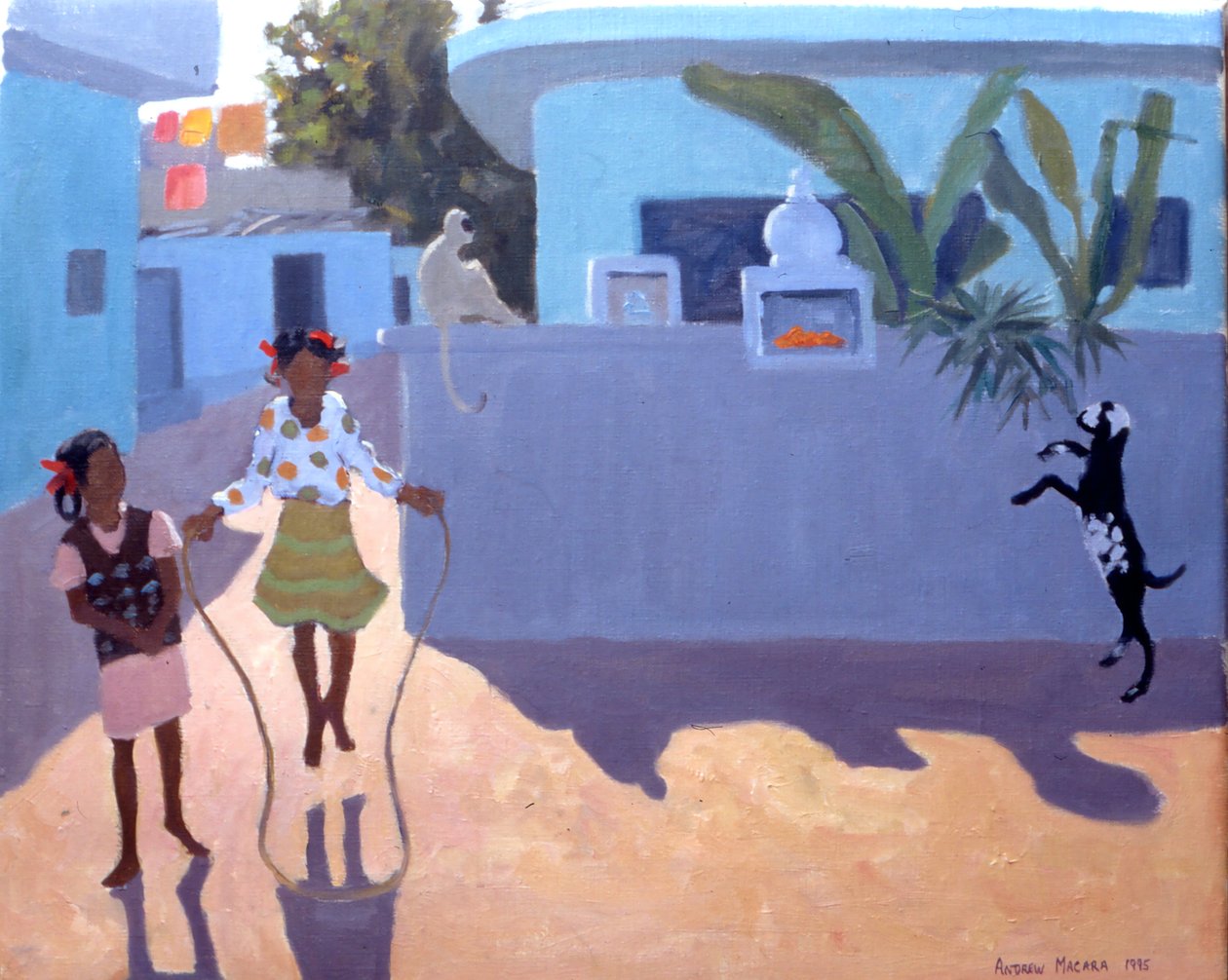 Fille sautant à la corde, singe et chèvre, Inde - Andrew Macara