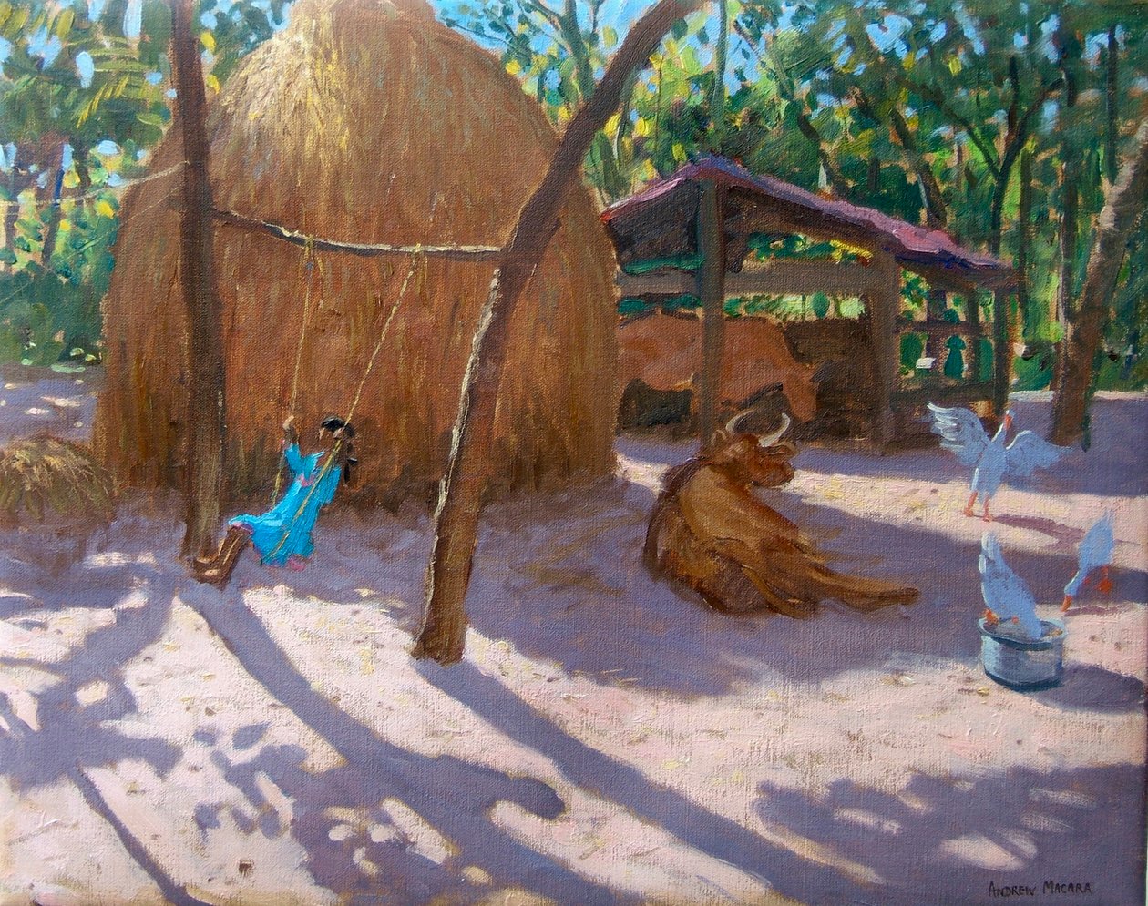 Botte de foin et fille sur une balançoire, Kerala (huile sur toile) - Andrew Macara