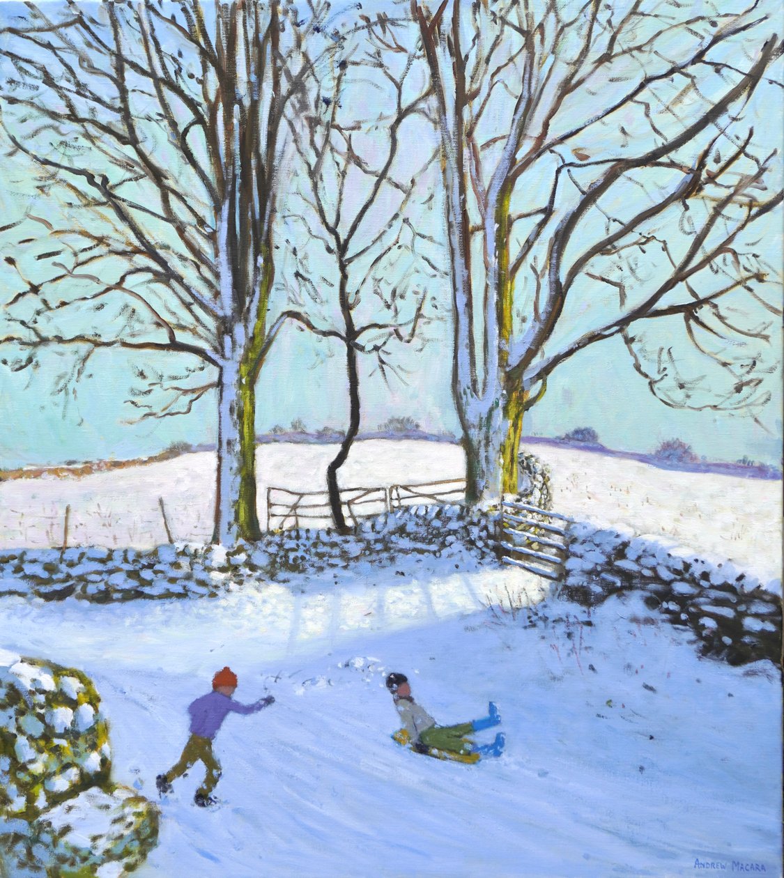 Grands arbres et traîneaux, Derbyshire, 2023 (huile sur toile) - Andrew Macara