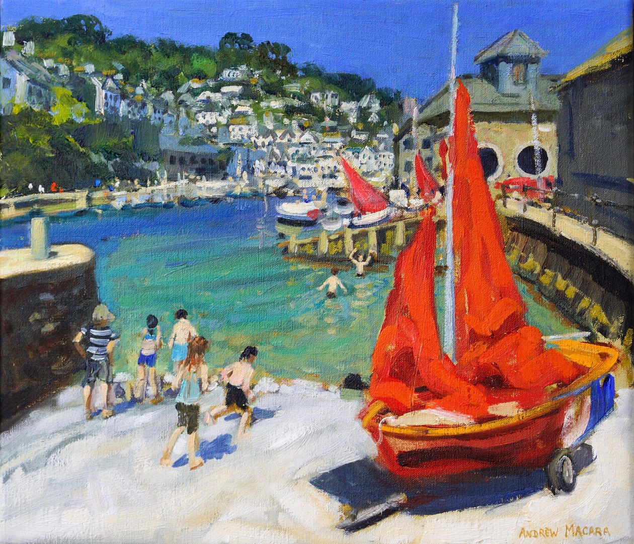 Jouer dans le port, Looe, Cornouailles, 2012 (huile sur toile) - Andrew Macara