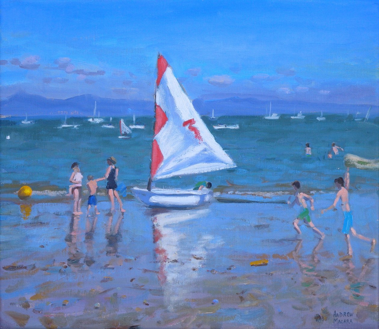 Voilier rouge et blanc ,Abersoch (huile sur toile) - Andrew Macara