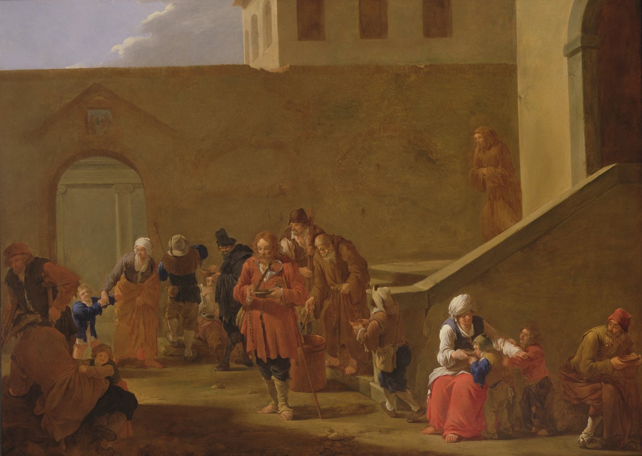 Scène de rue avec des moines distribuant de la nourriture aux pauvres - Andries Both