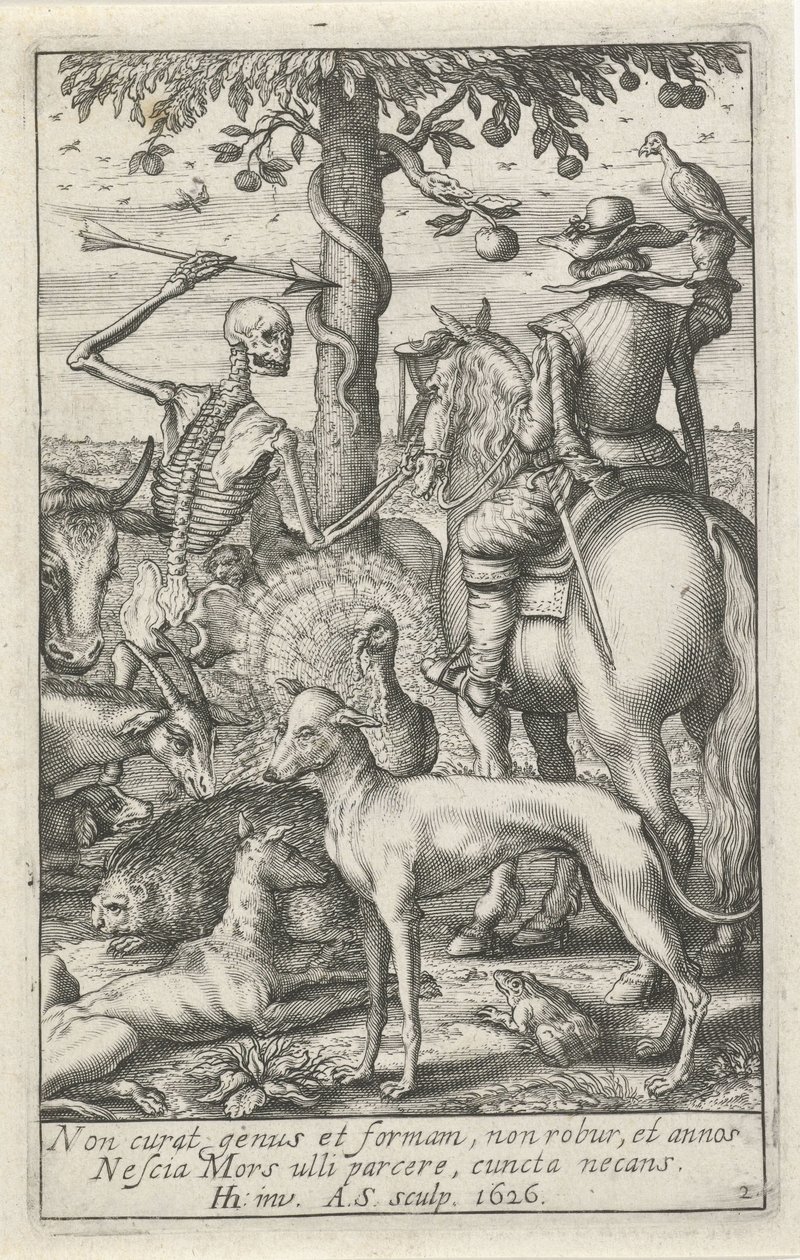 Squelette avec flèche et fauconnier, au milieu des animaux - Andries Jacobsz. Stock