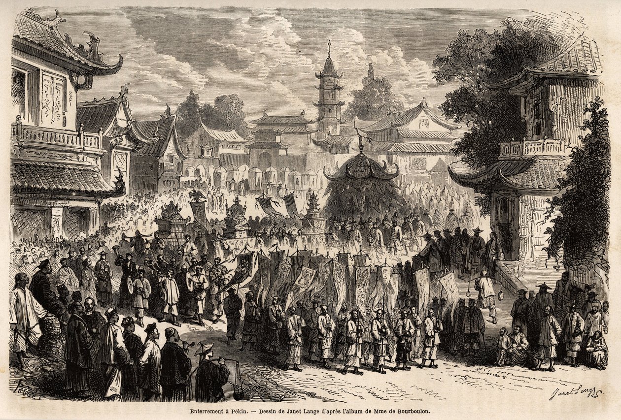 Un enterrement à Pékin, en tête du cortège, avancent les bannières avec des inscriptions de louanges, suivies d