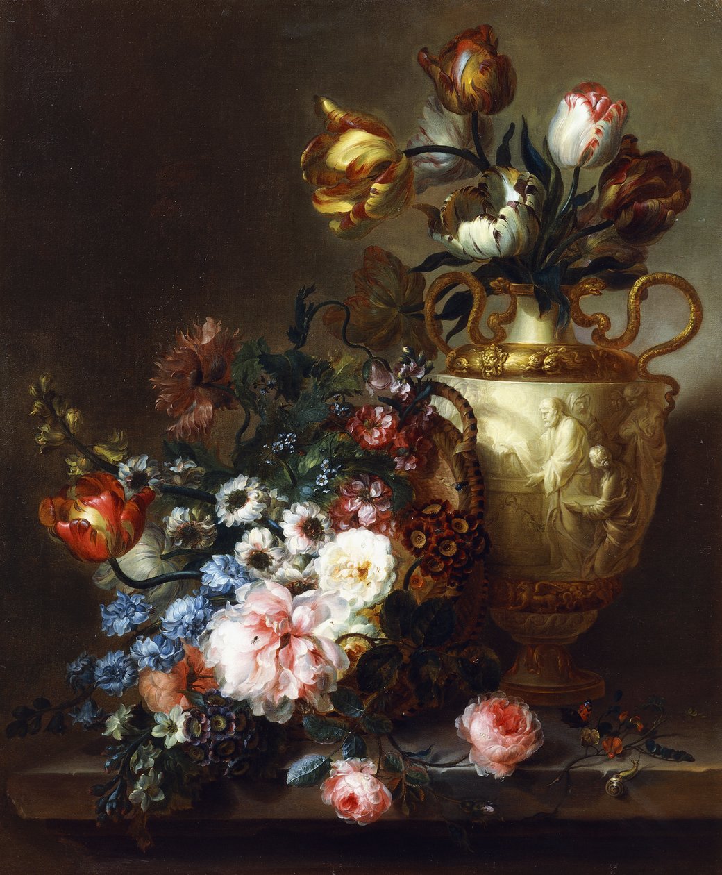 Tulipes dans un vase et roses dans un panier sur un rebord de pierre - Ange Louis Guillaume Lesourd Beauregard