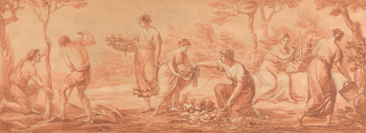 Un frise : hommes plantant des arbres, femmes cueillant des fleurs et arrosant des fleurs - Angelica Kauffmann