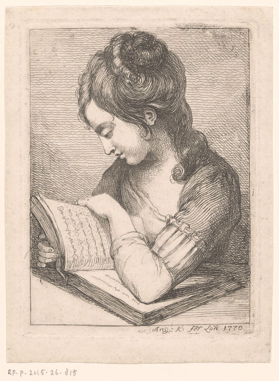 Jeune femme lisant à une table, son coude reposant sur un livre - Angelica Kauffmann