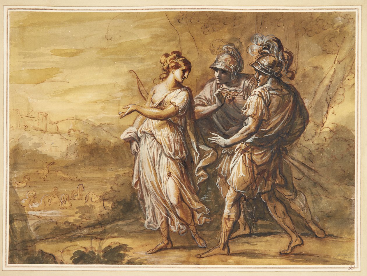 Scène mythologique. Jeune femme avec arc se tournant vers deux hommes armés - Angelica Kauffmann