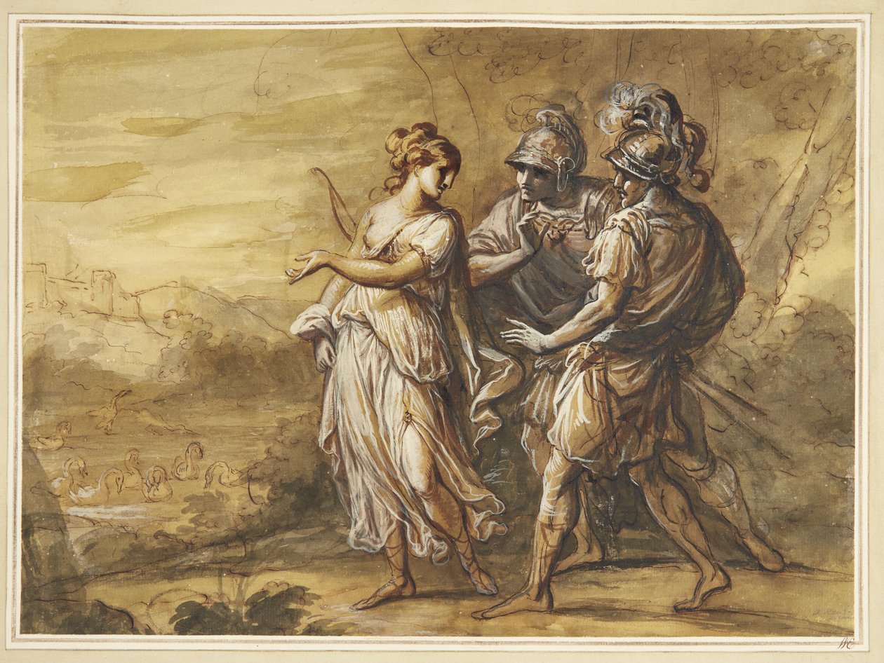 Scène mythologique. Jeune femme avec arc se tournant vers deux hommes armés - Angelica Kauffmann