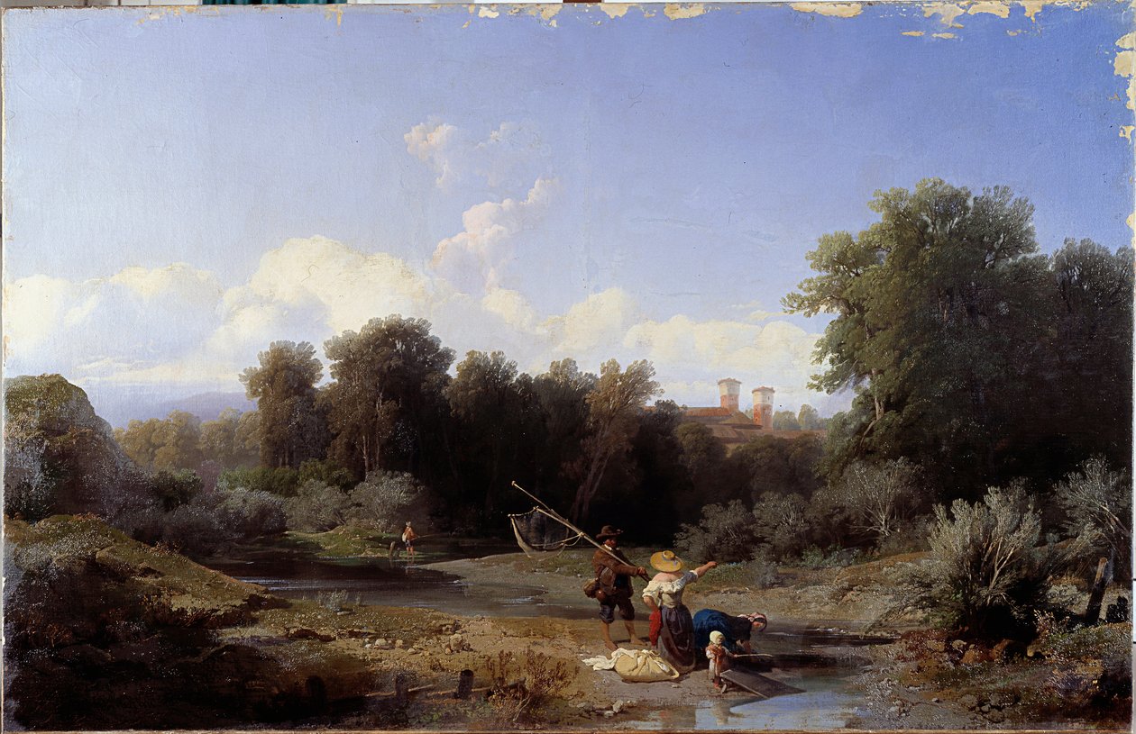 Paysage ou Pêche (Pêche dans une rivière) Peinture par Angelo Beccaria (1820-1897) 1855 Dim 94x146 cm Gênes, Galleria d