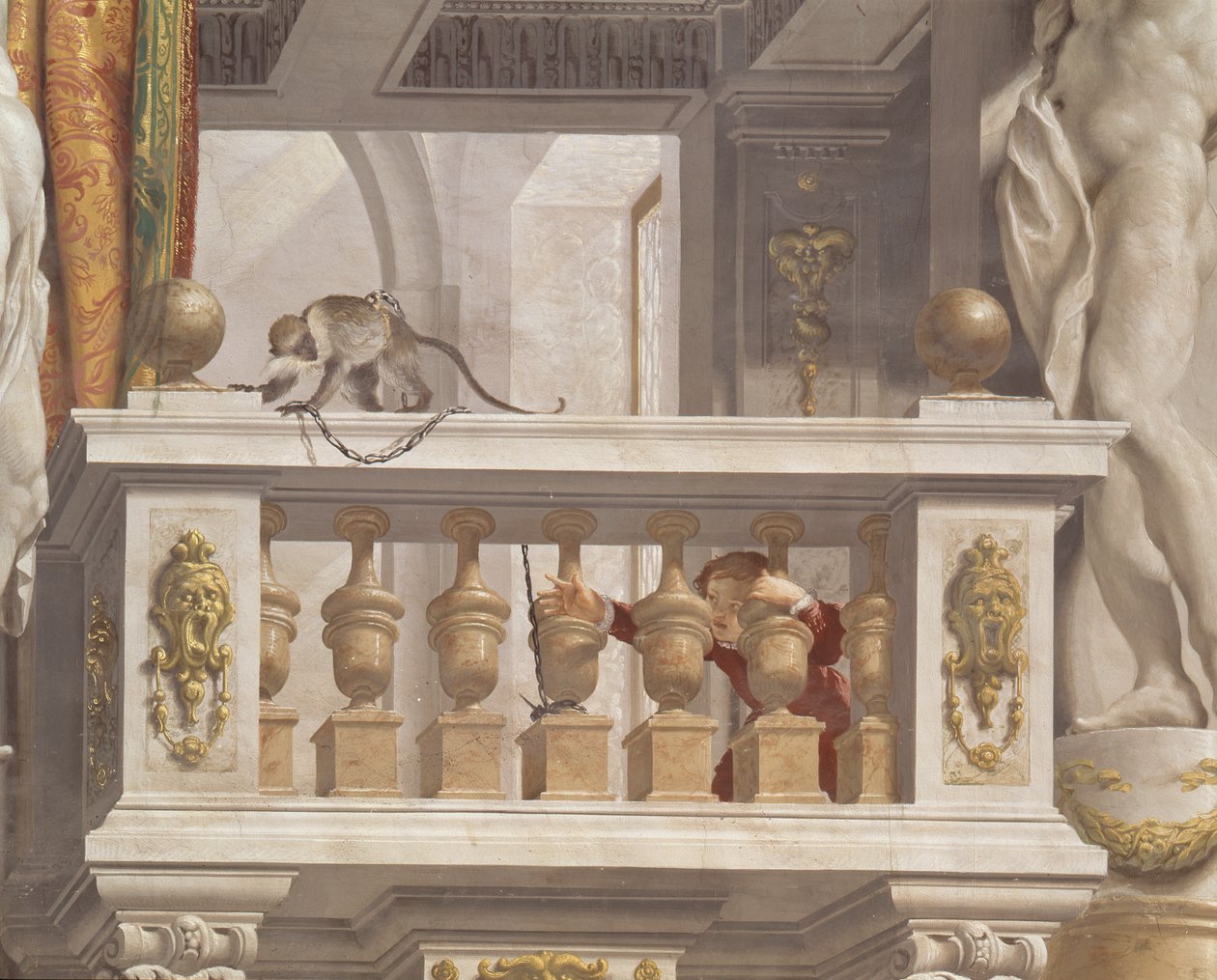 Salle de réception du Grand-Duc, détail du plafond représentant un singe et un jeune garçon sur une balustrade, 1638-44 - Angelo and Mitelli Colonna